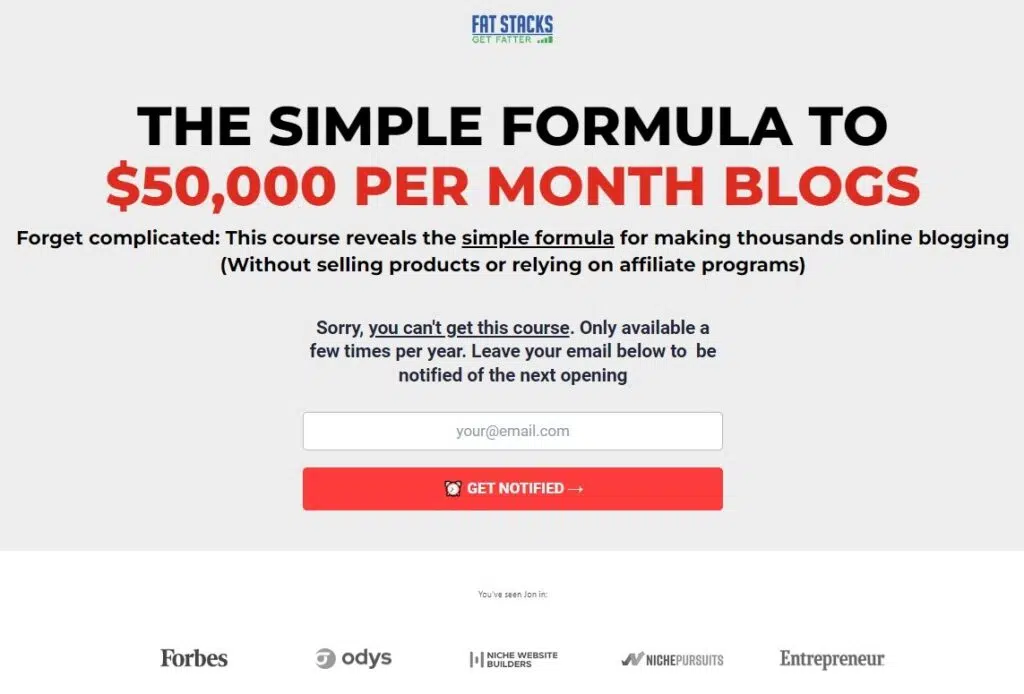 example of a landing pages by fatstacks course