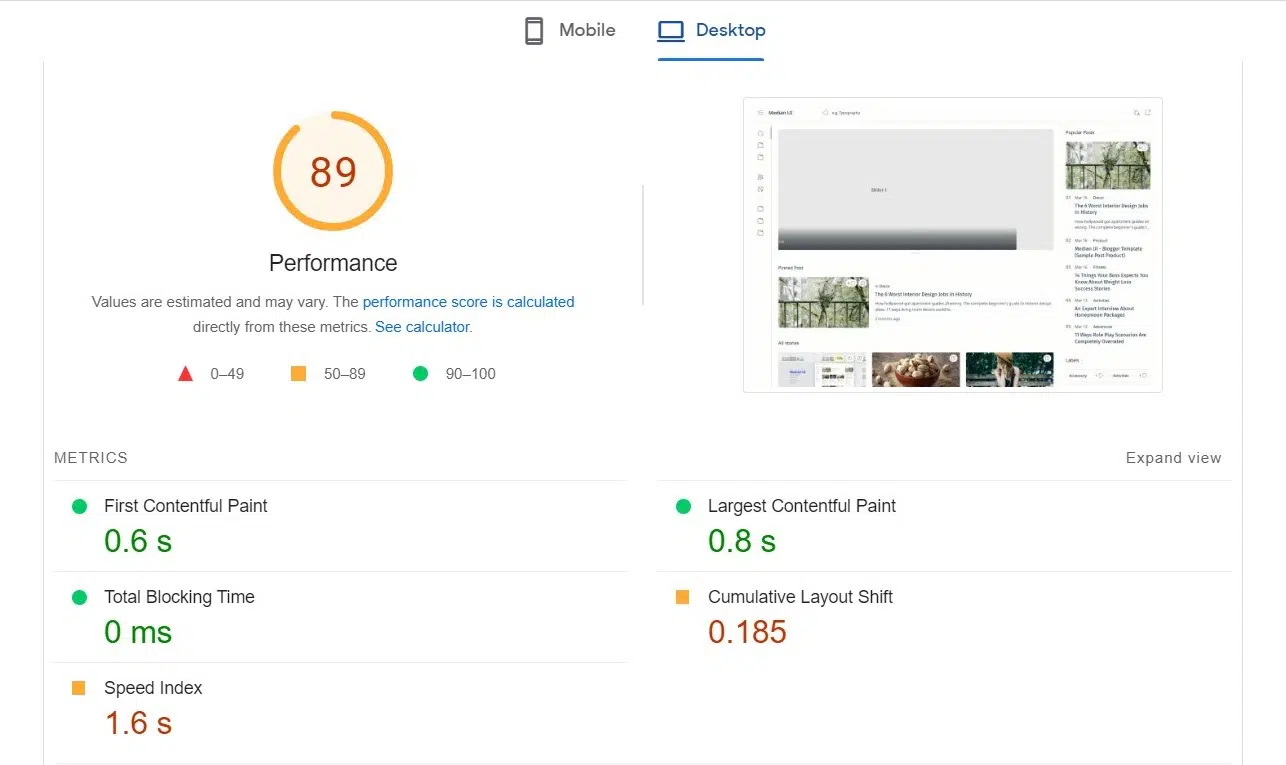 pagespeed insight of median ui